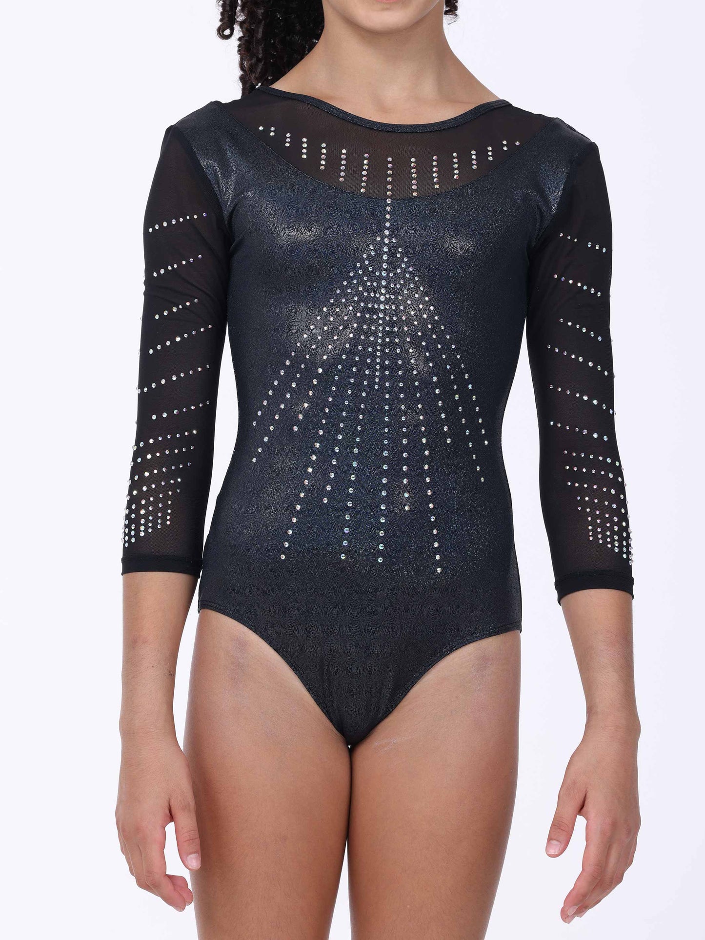 Black gymnastics leotard with rhinestone embellishments on a white background