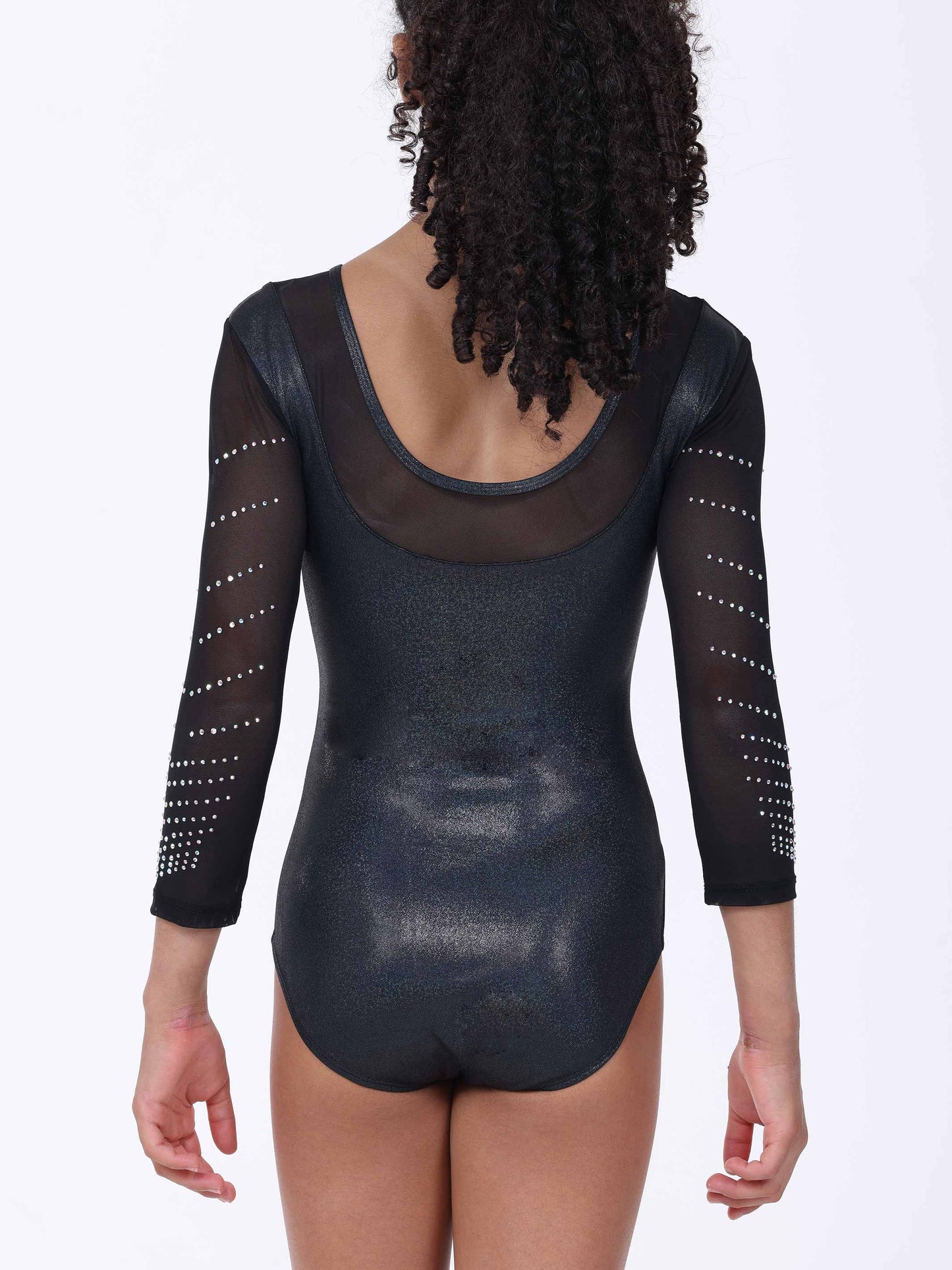 Black sheer 3/4 sleeve gymnastics leotard worn by a model on a white background