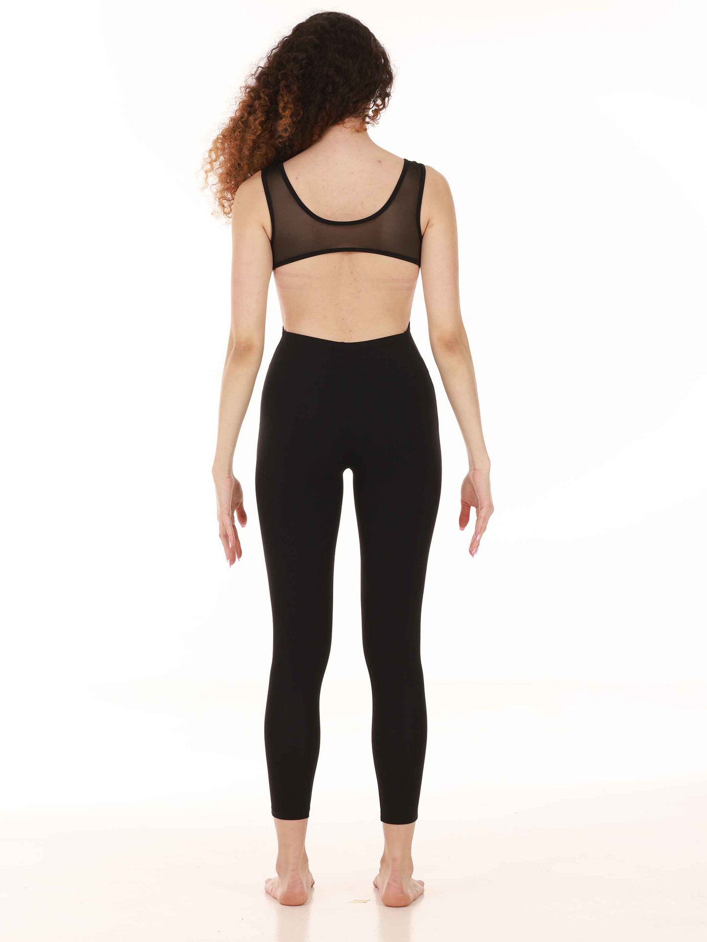 Black mesh dance and yoga unitard with open back for women