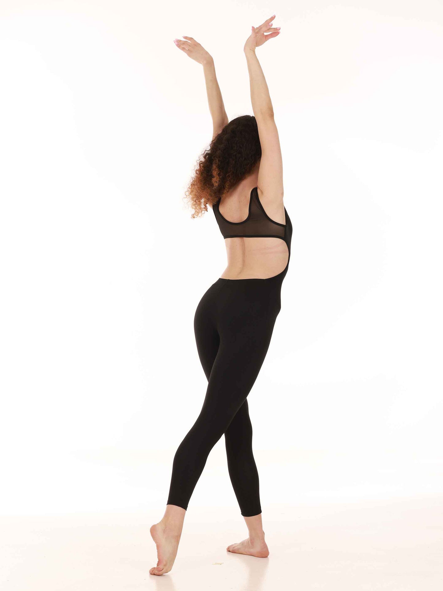 Black mesh dance and yoga unitard with open back for women