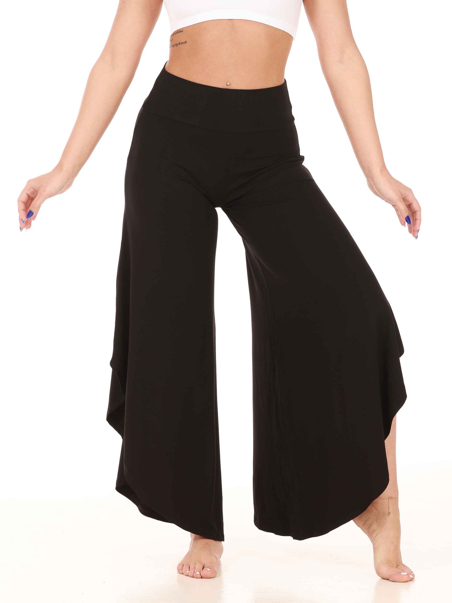Black wide-leg pants worn by a person on a white background
