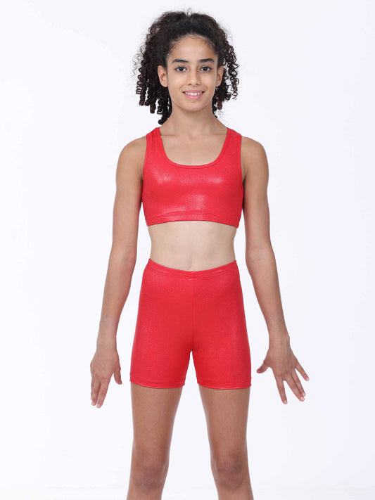 Person wearing a red athletic outfit on a white background