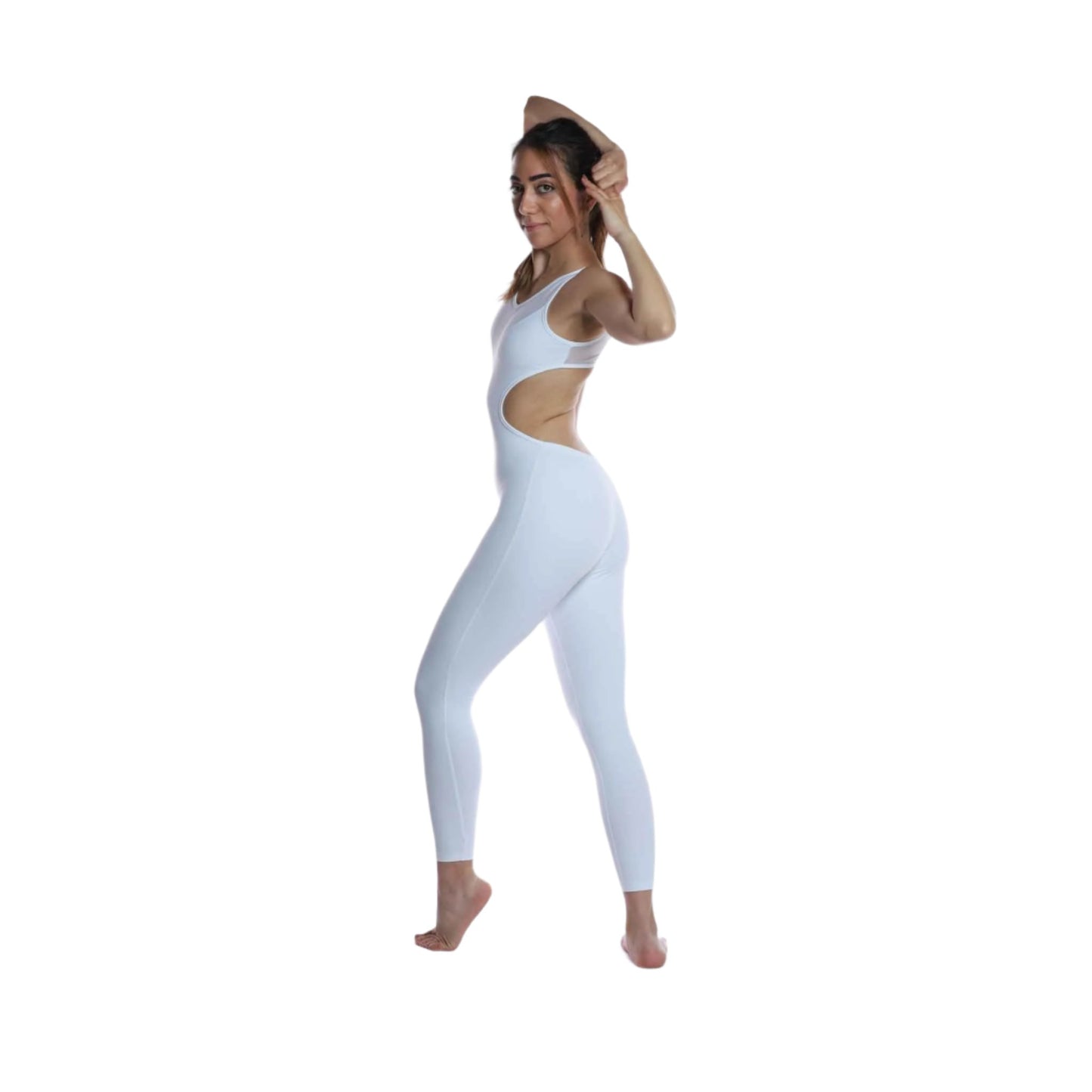 White mesh dance and yoga unitard with open back for women