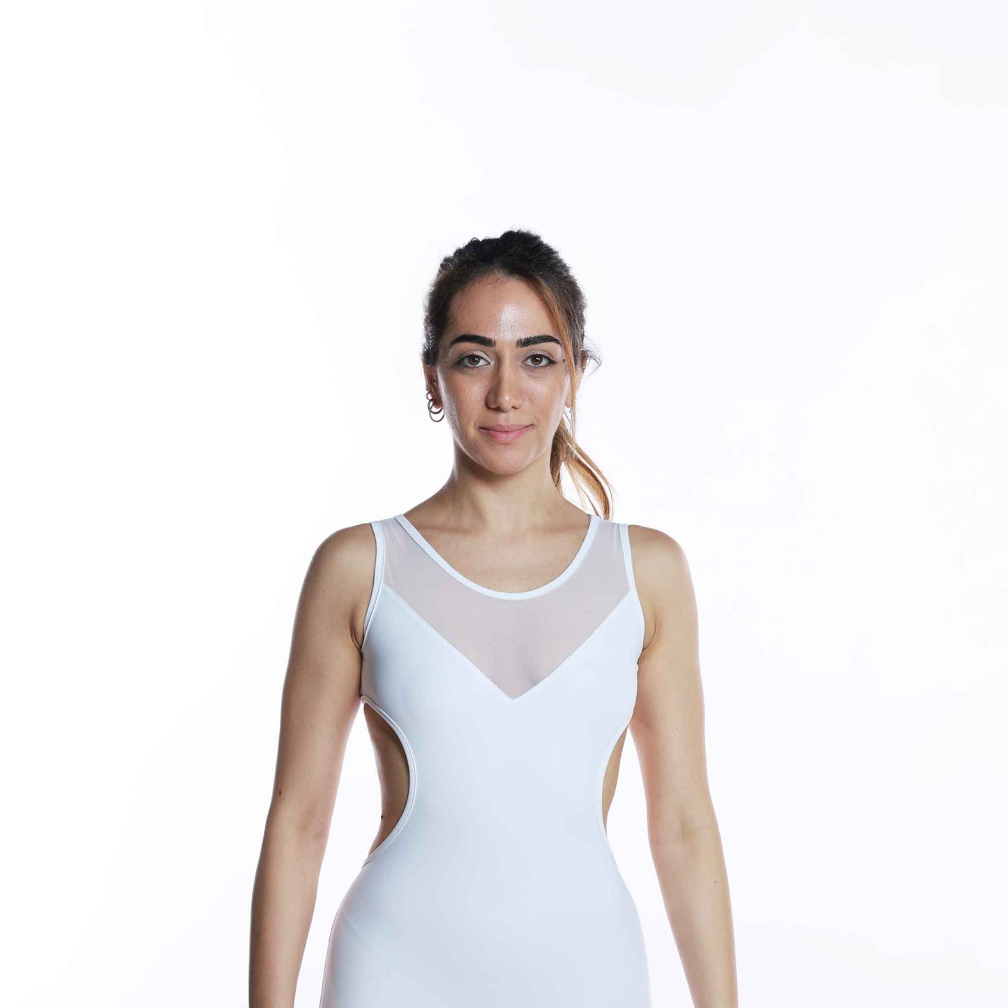 White mesh dance and yoga unitard with open back for women