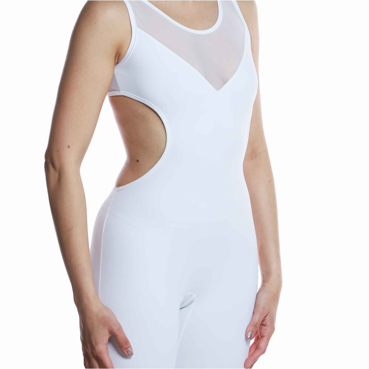 White mesh dance and yoga unitard with open back for women