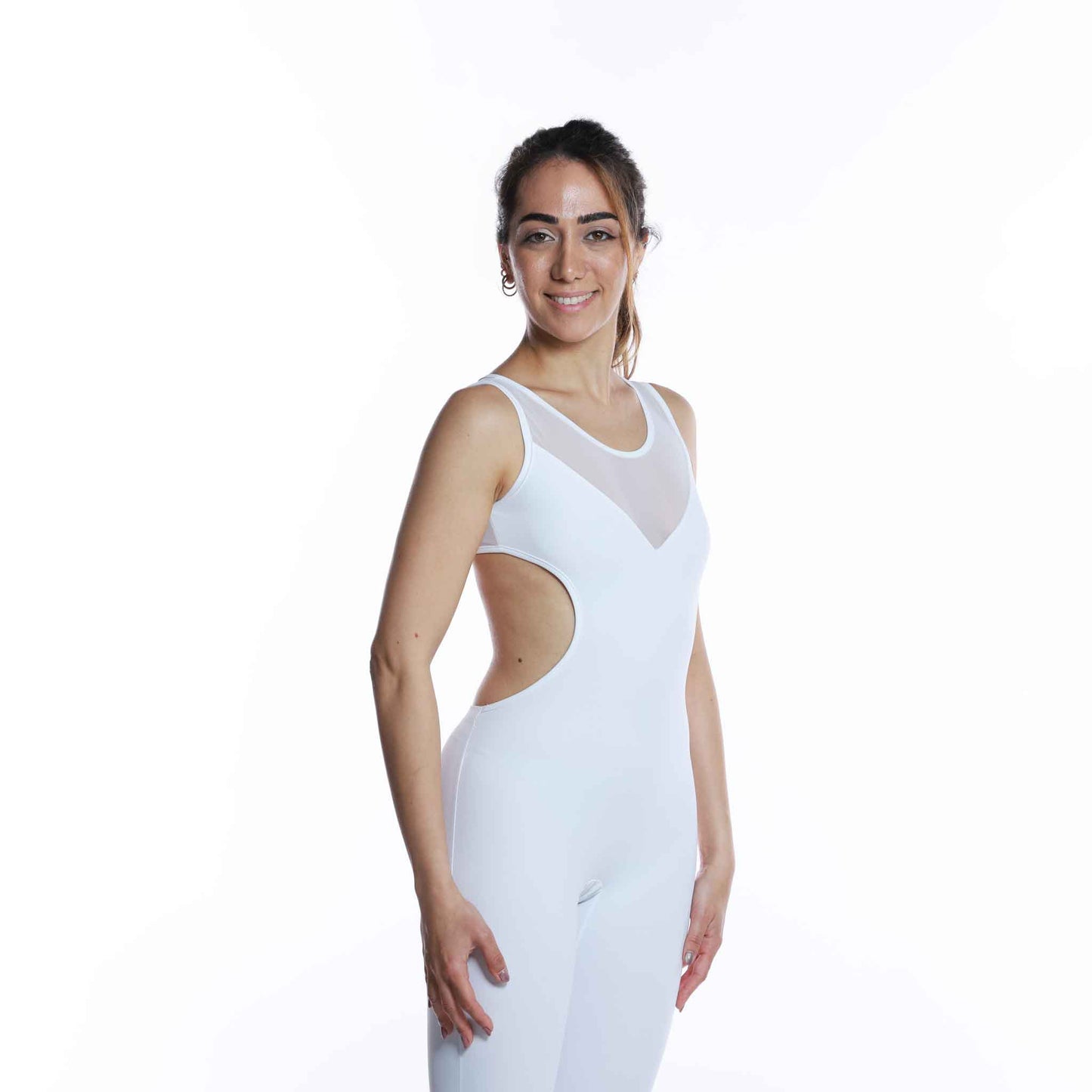 White mesh dance and yoga unitard with open back for women