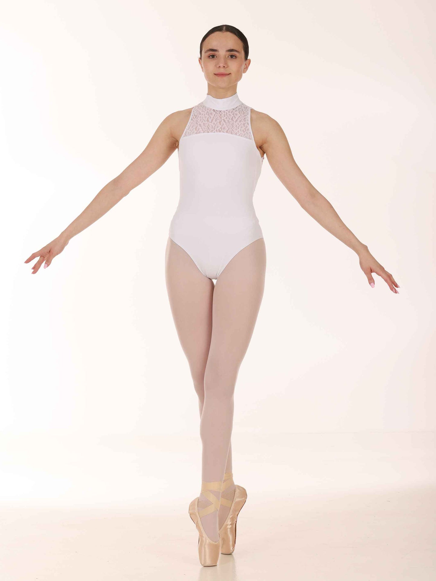 White High-neck ballet leotard with open back and lace details for women