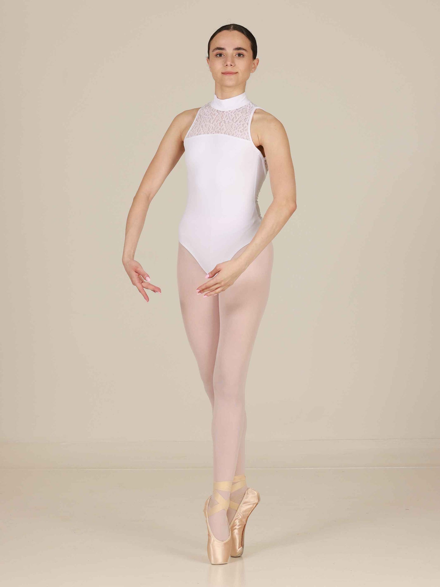 White High-neck ballet leotard with open back and lace details for women