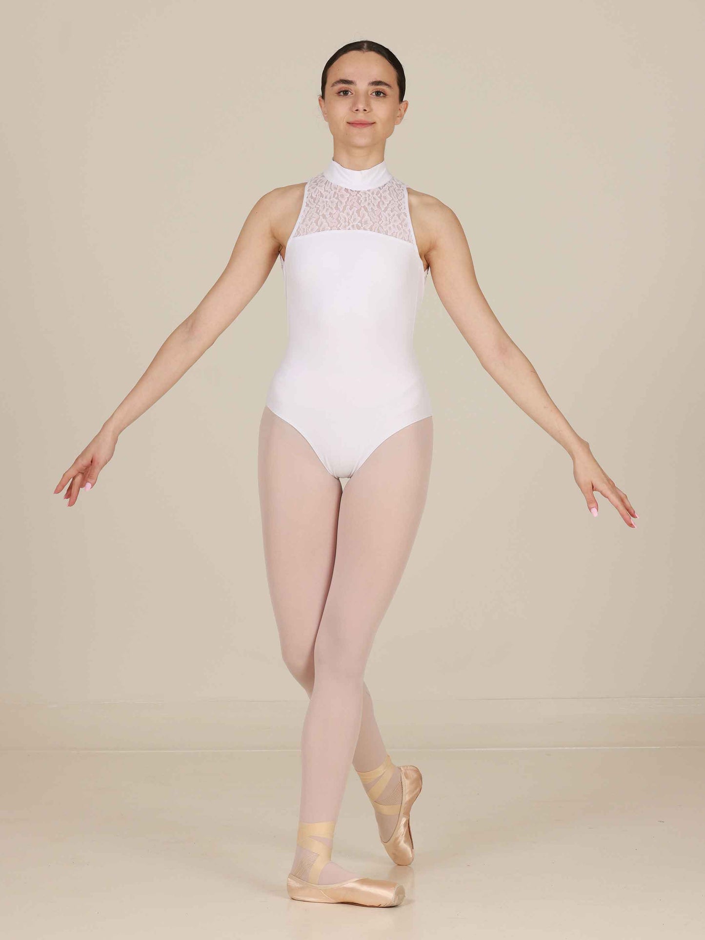 White High-neck ballet leotard with open back and lace details for women