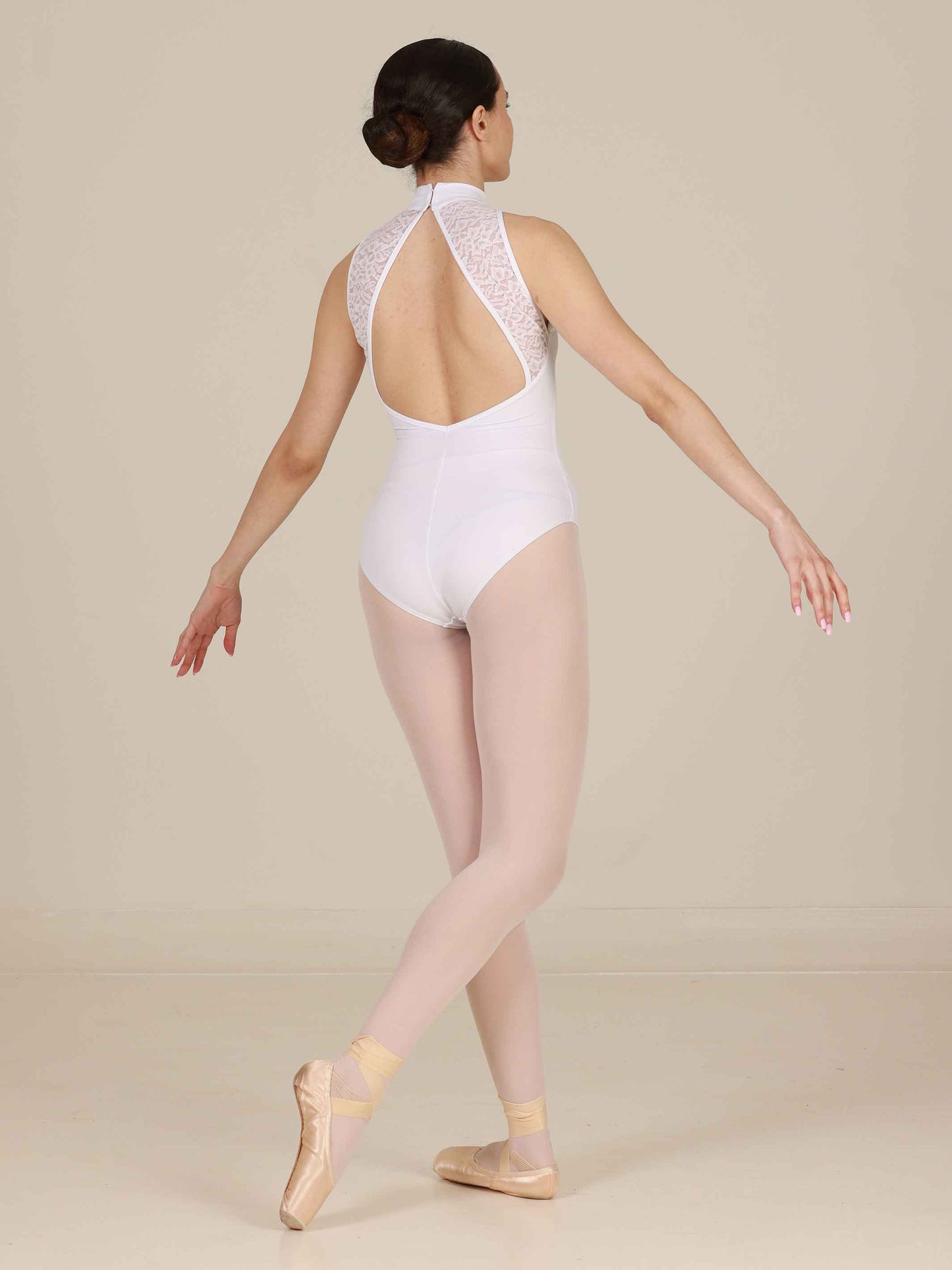 White High-neck ballet leotard with open back and lace details for women