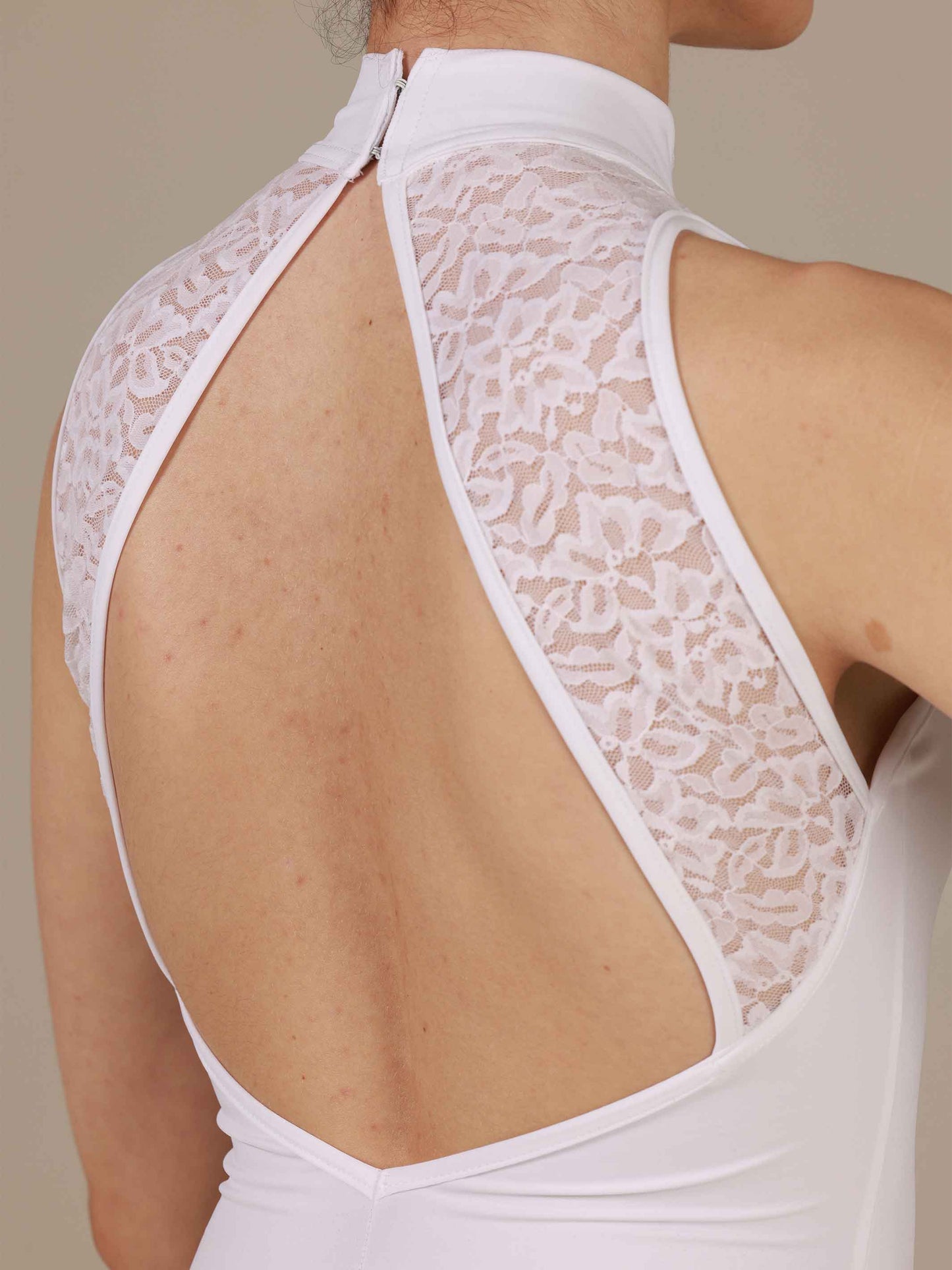 White High-neck ballet leotard with open back and lace details for women