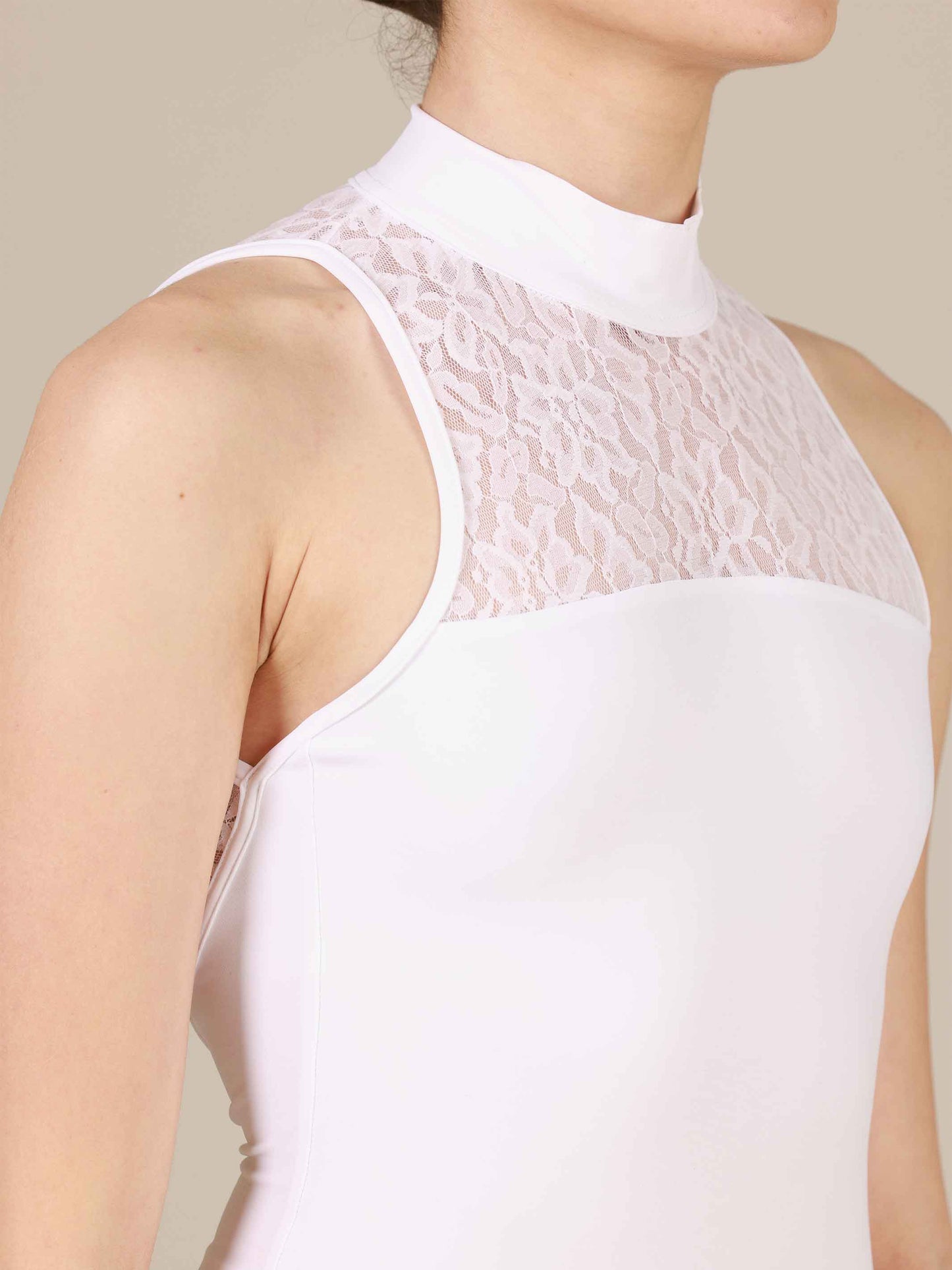 White High-neck ballet leotard with open back and lace details for women