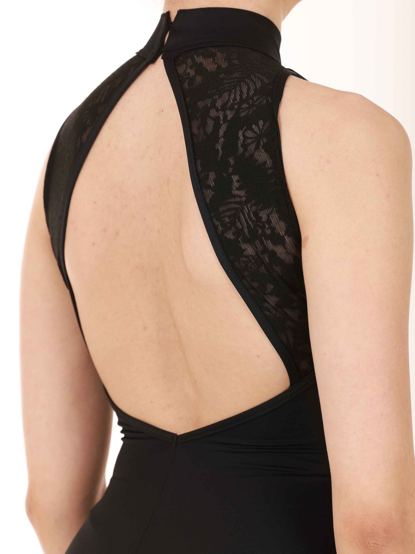 Black High-neck ballet leotard with open back and lace details for women