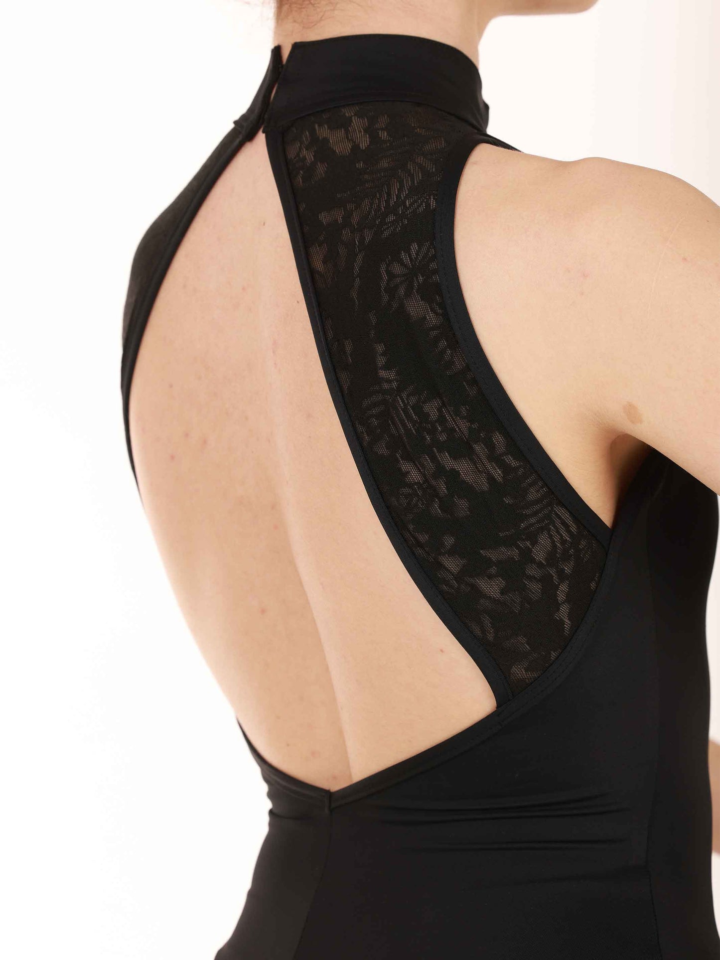 Black High-neck ballet leotard with open back and lace details for women