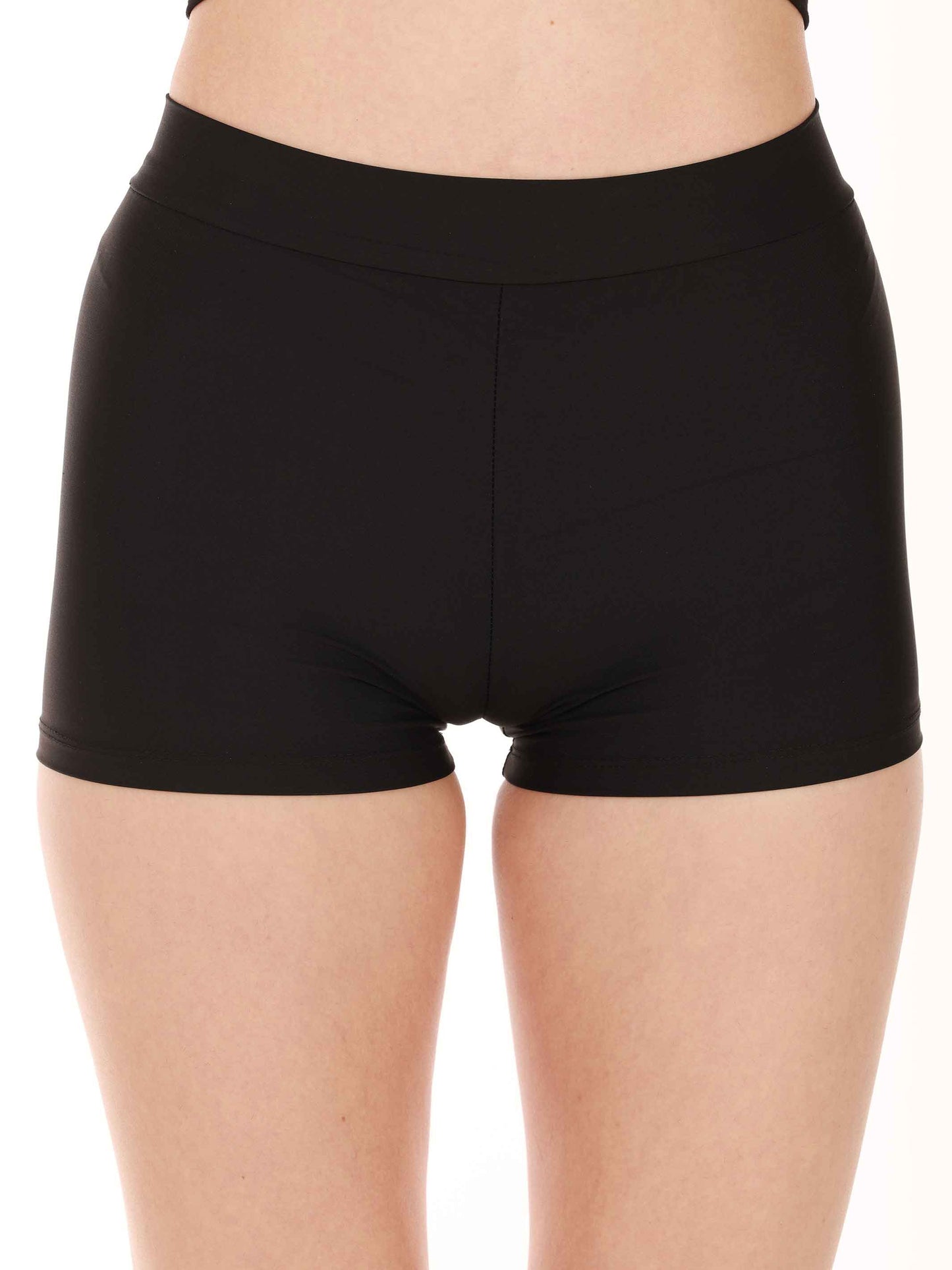 Black shorts worn by a person on a white background