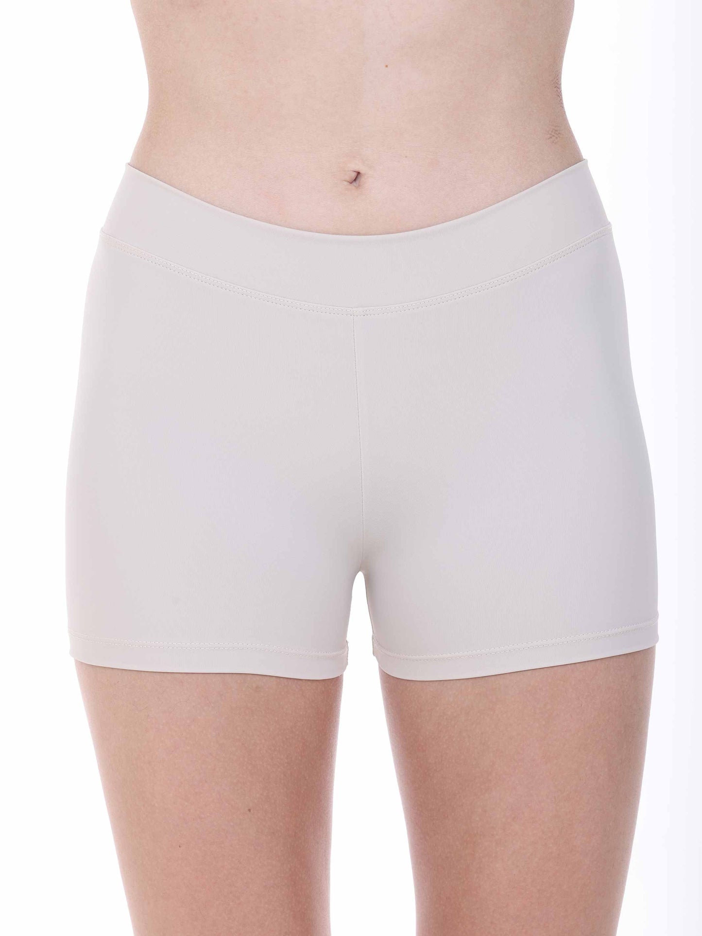 White shorts worn by a person on a white background