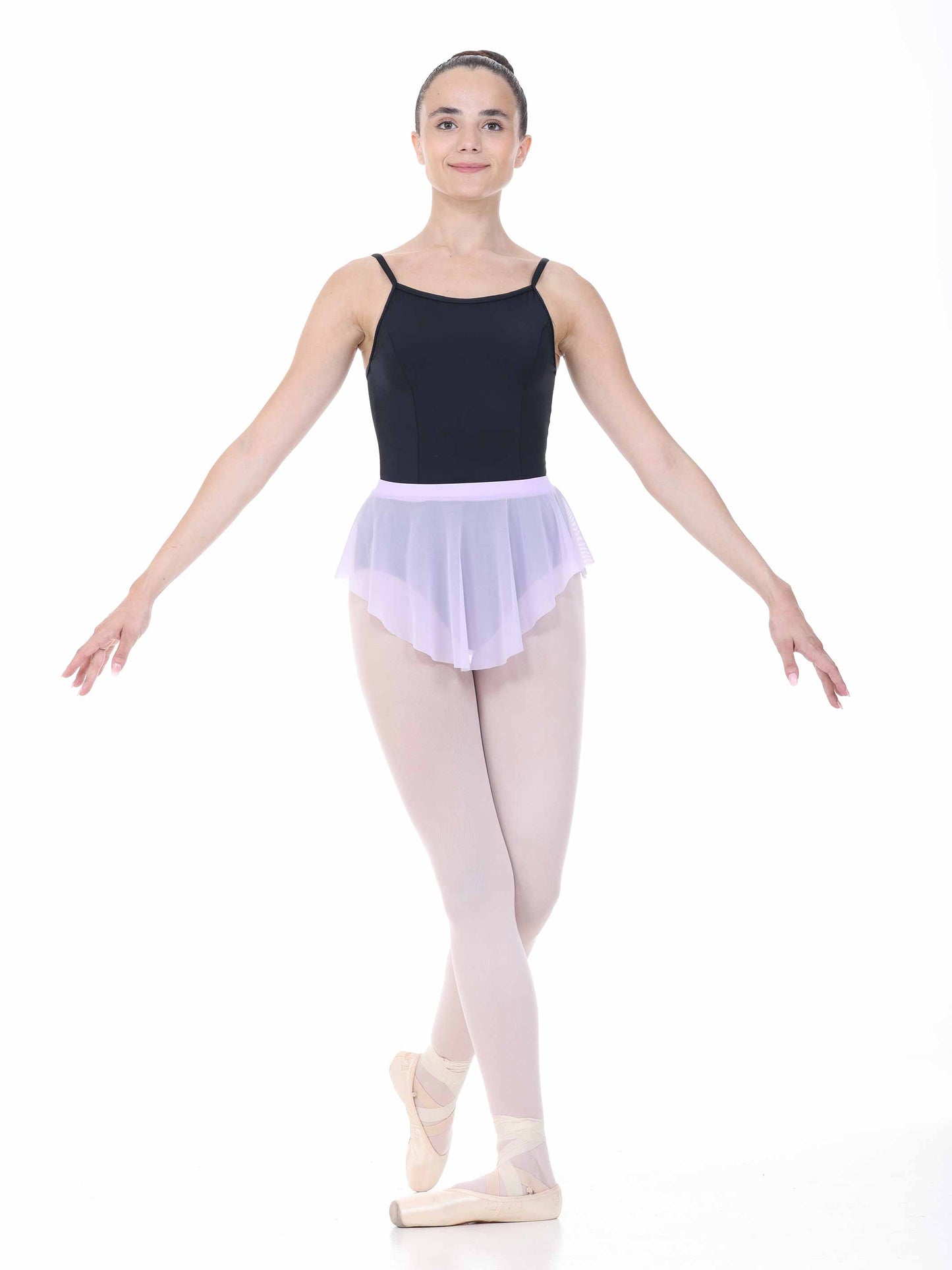 ballerina wearing an oval lilac ballet skirt with a black leotard