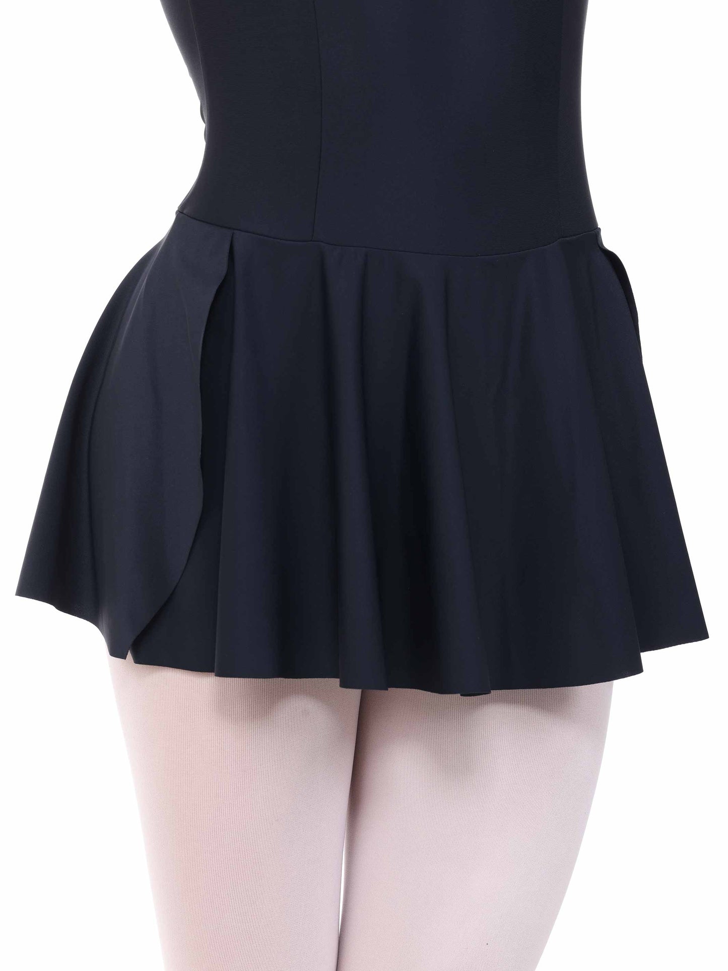 Black tank ballet dress with a fitted bodice and flared skirt on a white background