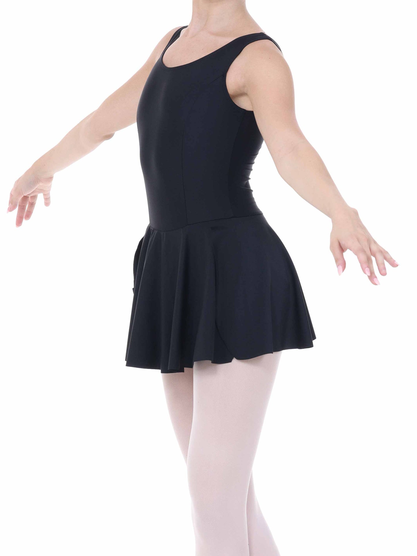 Person wearing a black sleeveless dress with a skirt on a white background