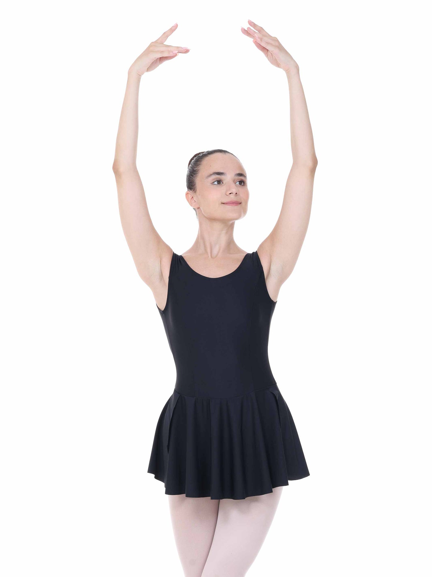 Ballerina in a black leotard with a skirt on a white background