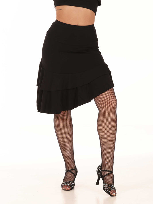 Black latin dance skirt worn by a person on a white background