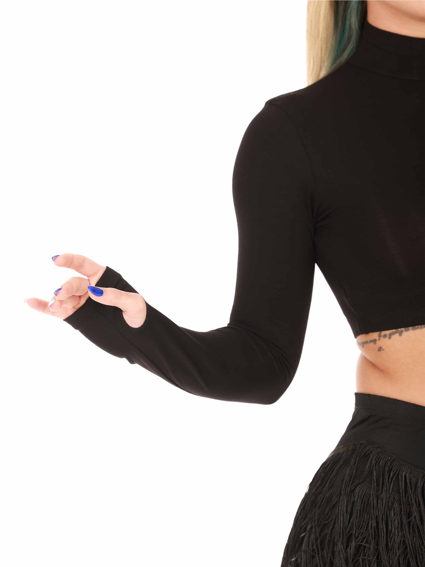 Black long-sleeve dance crop top worn by a person on a white background