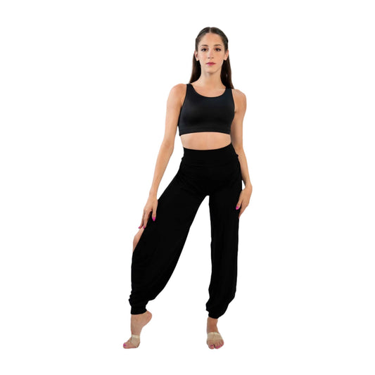 A pair of black yoga dance jazz pants with a high-waisted fit and wide-leg design, featuring a secure waistband and a gathered ankle hem.