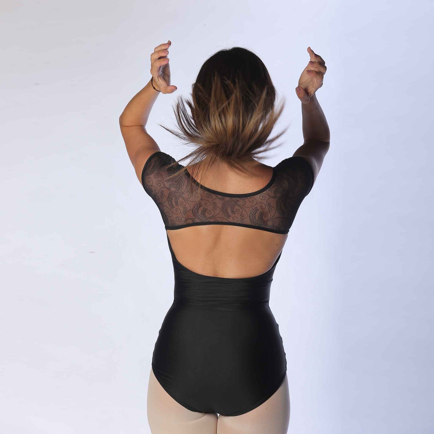 women Mesh cap sleeve leotard black