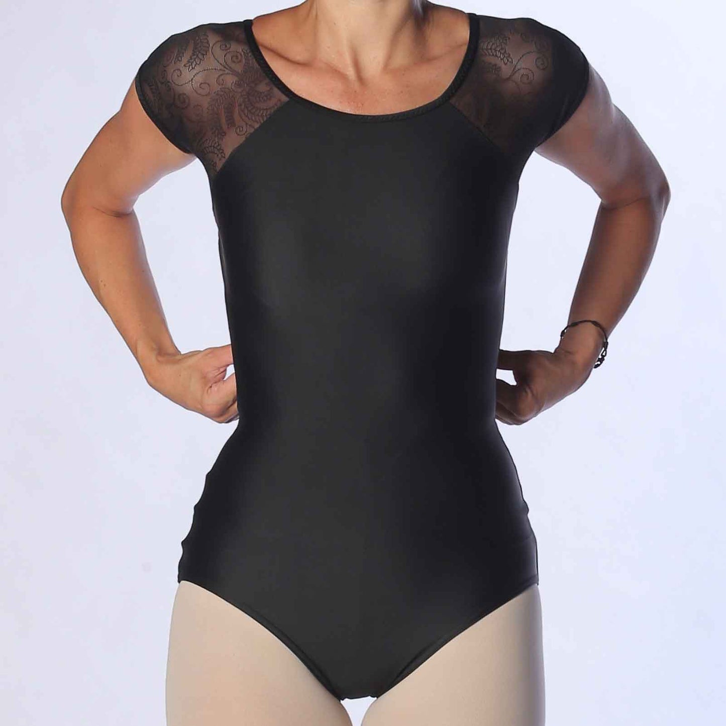 women Mesh cap sleeve leotard black