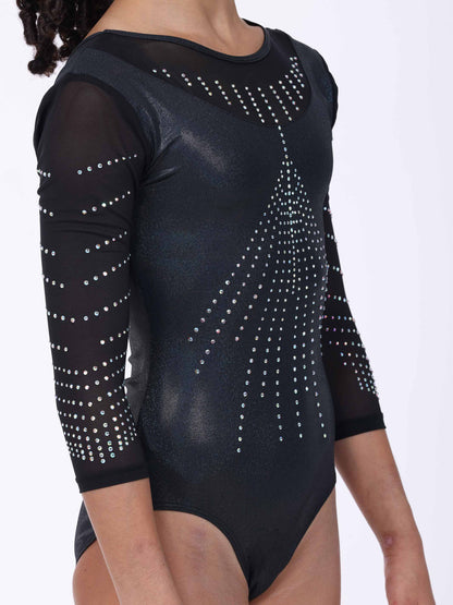 Black gymnastics leotard with silver embellishments on a white background