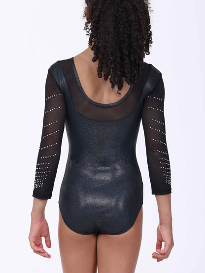 Black sheer 3/4 sleeve gymnastics leotard worn by a model on a white background
