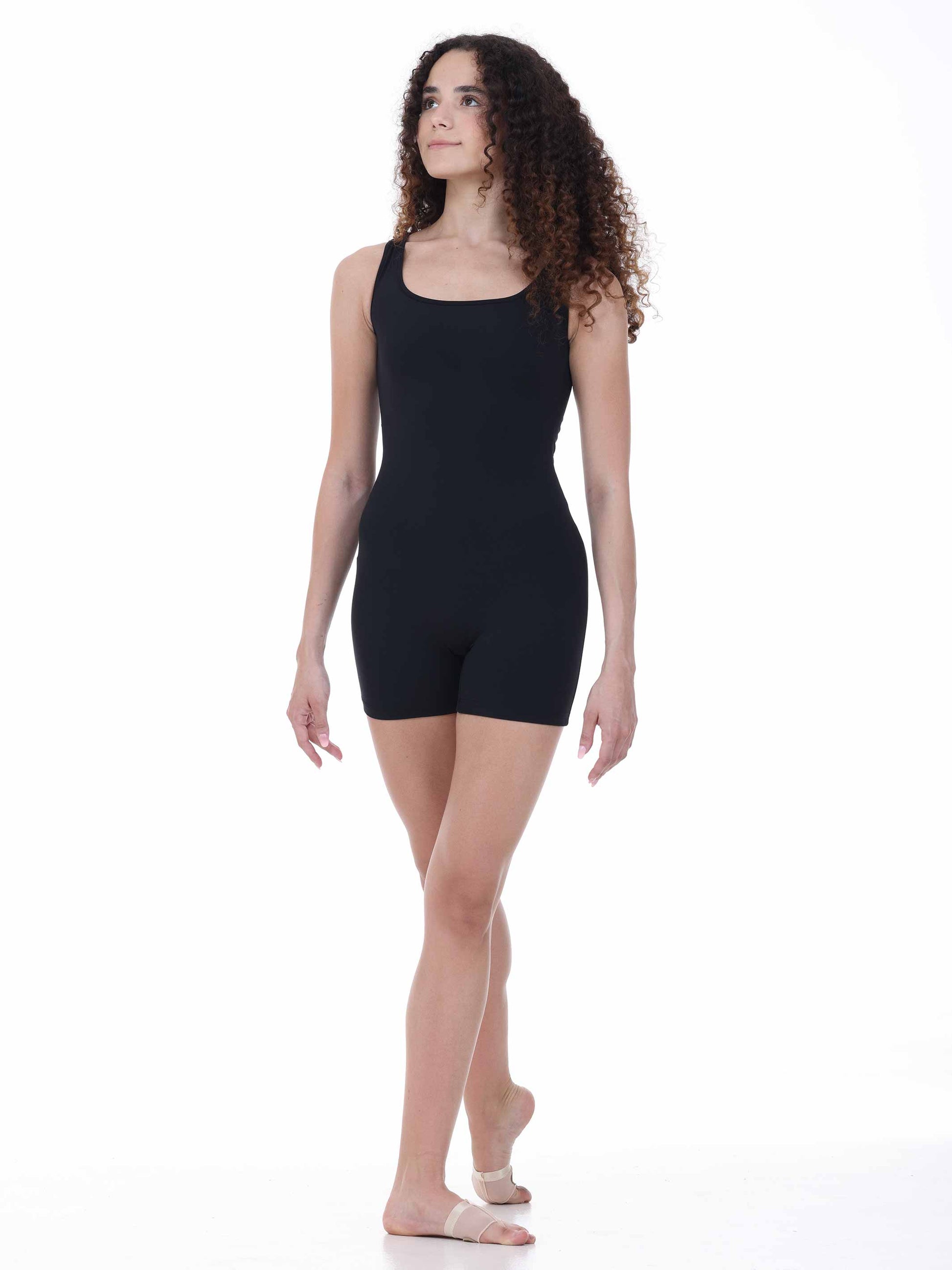 woman wearing a black biketard
