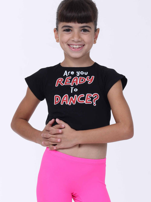 Girl wearing a black t-shirt with 'Are you Ready to Dance?' text and pink leggings on a white background