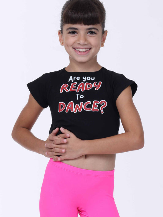Girl wearing a black t-shirt with 'Are you Ready to Dance?' text and pink leggings on a white background