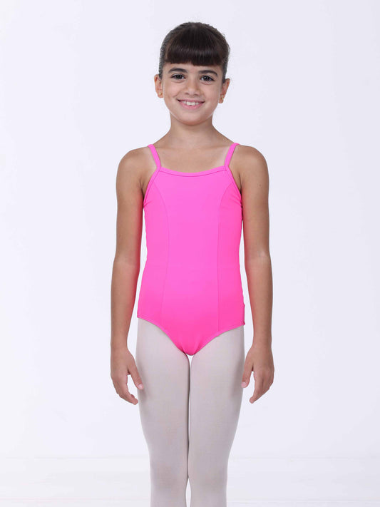 Young girl wearing a pink ballet leotard on a white background