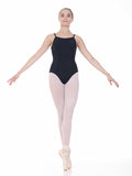 Ballerina in a black leotard and white tights on a white background