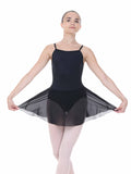 Ballerina wearing a black leotard with sheer overlay on a white background