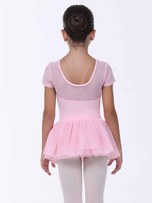 Young girl wearing a pink ballet dress on a white background
