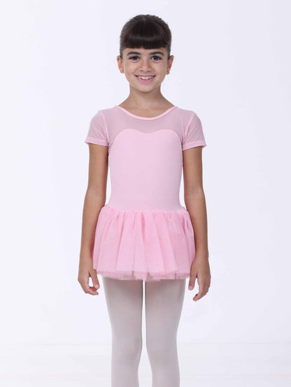 Young girl wearing a pink ballet outfit with a tutu on a white background