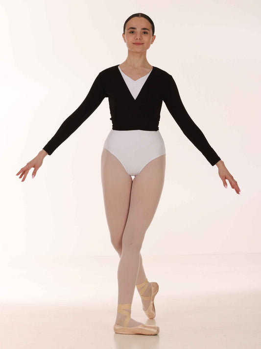Ballerina in a black long-sleeve crossover and white tights on a white background