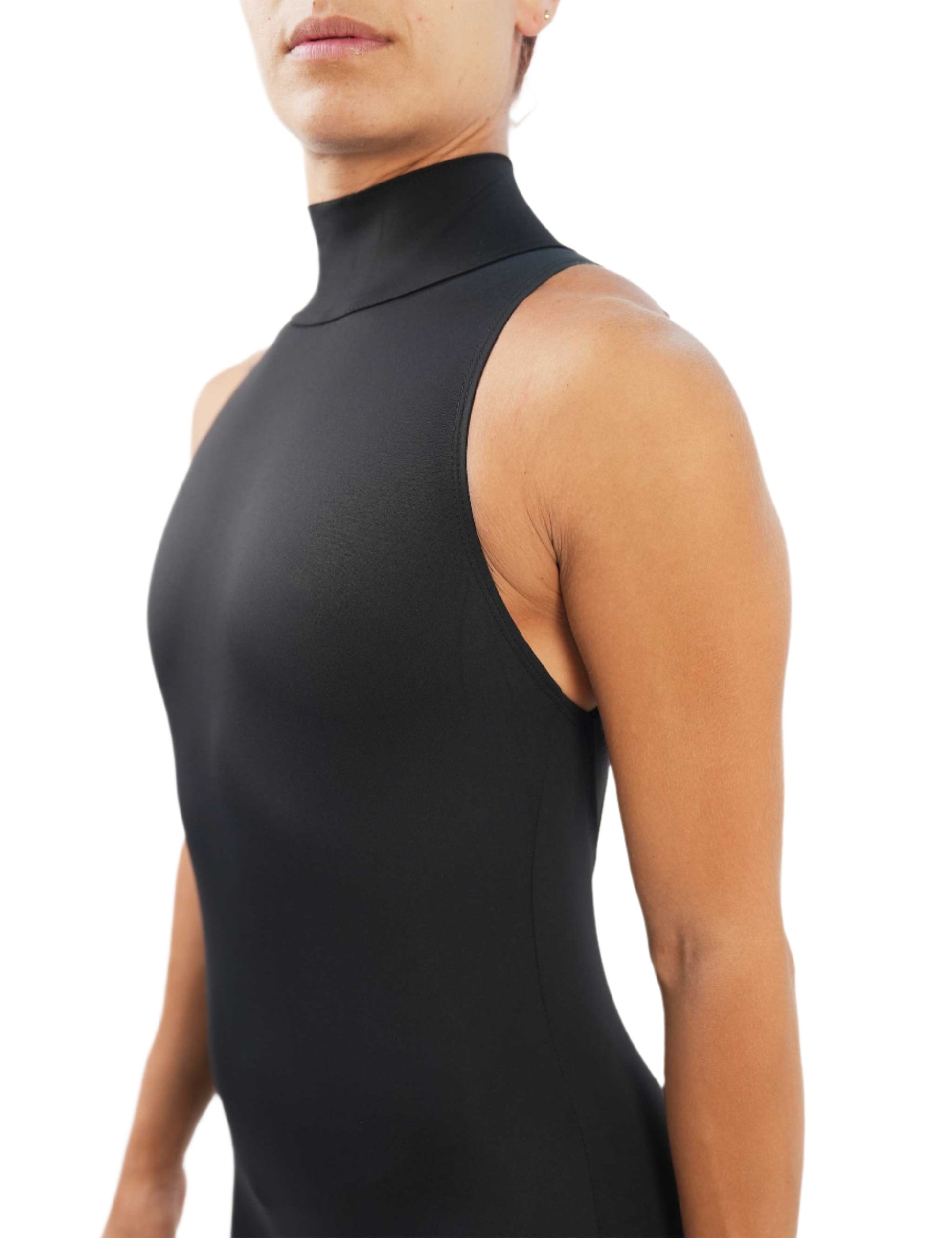 A black unitard with a turtle neck, sleeveless design, and wide straps, designed for dance and yoga.