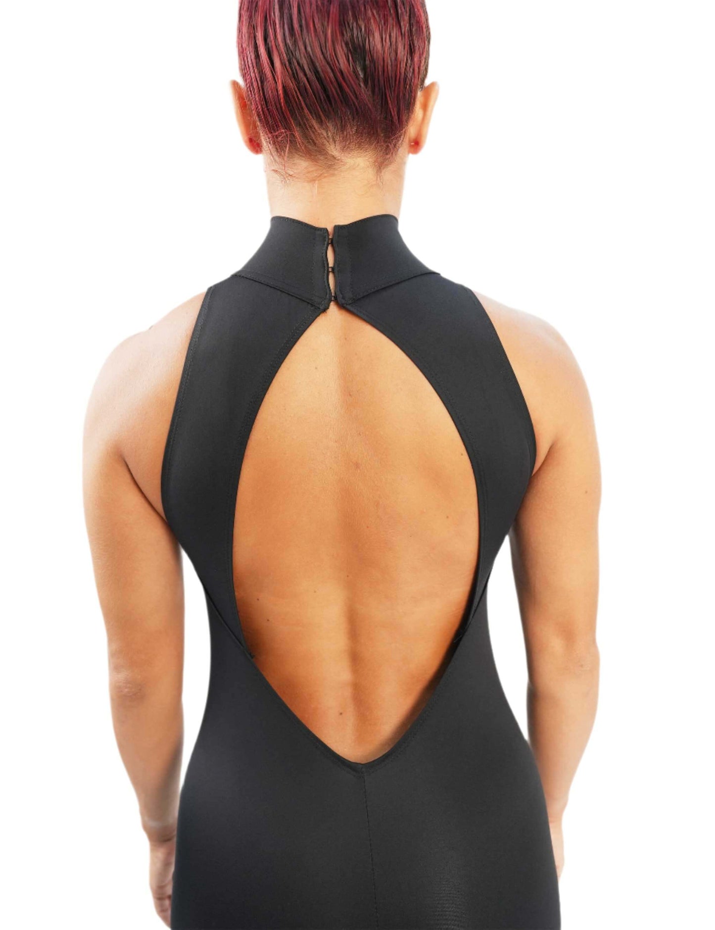 A black unitard with a turtle neck, sleeveless design, and wide straps, designed for dance and yoga.