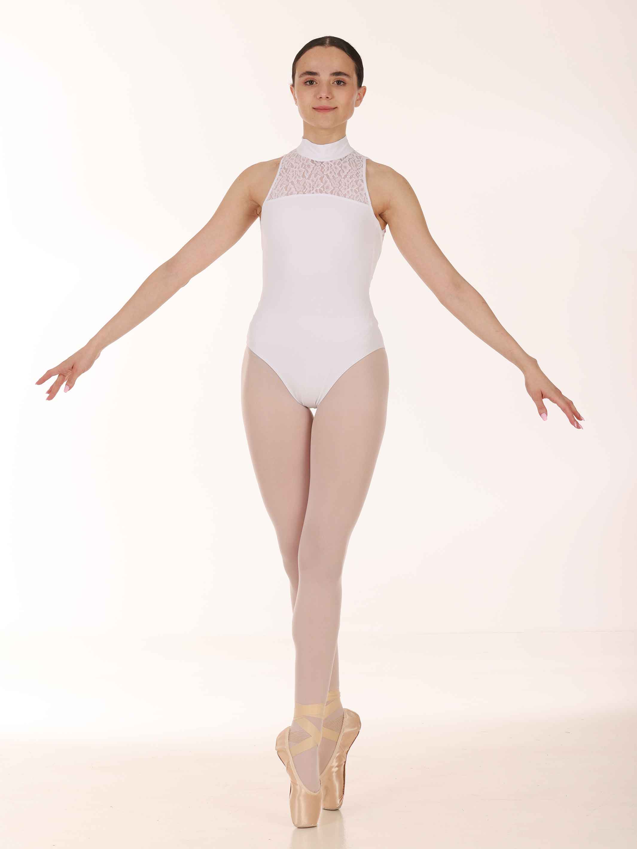 White High-neck ballet leotard with open back and lace details for women