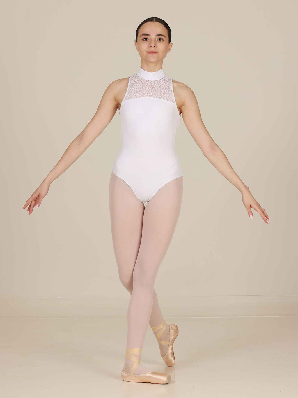 White High-neck ballet leotard with open back and lace details for women
