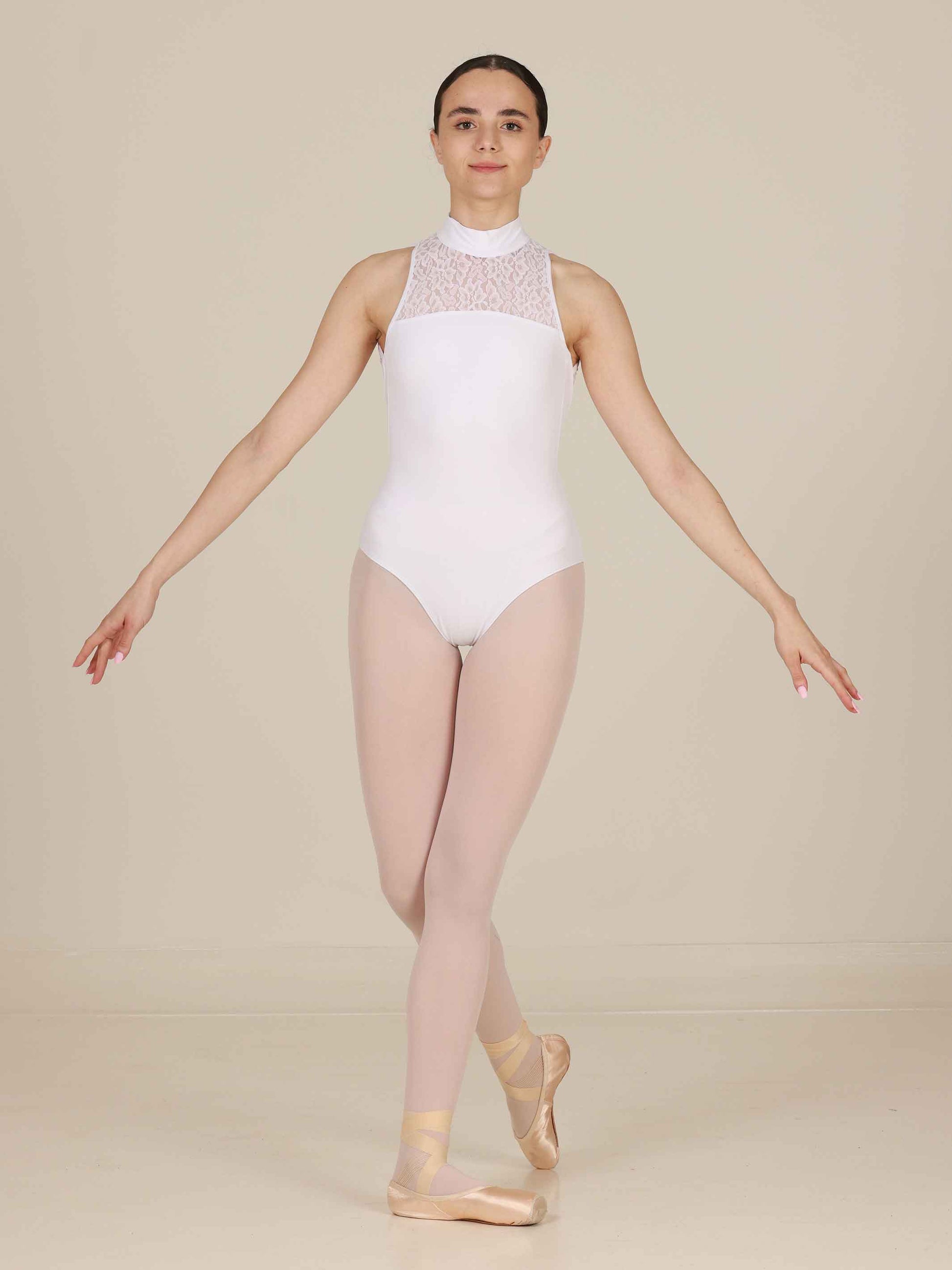 White High-neck ballet leotard with open back and lace details for women