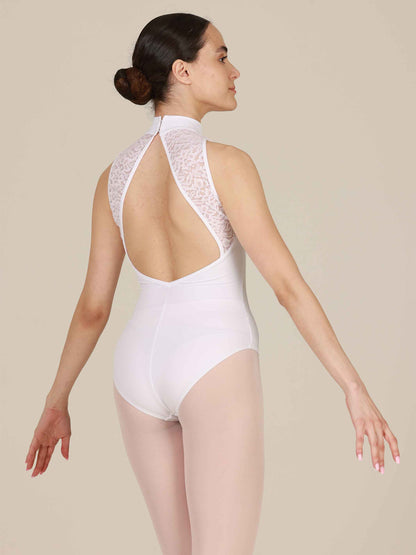 White High-neck ballet leotard with open back and lace details for women