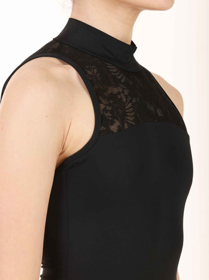 Black High-neck ballet leotard with open back and lace details for women