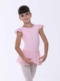 Young girl wearing a pink ballet dress with ruffled sleeves on a white background