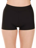 Black shorts worn by a person on a white background