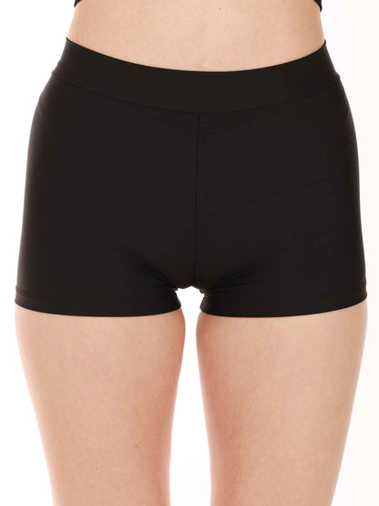 Black shorts worn by a person on a white background